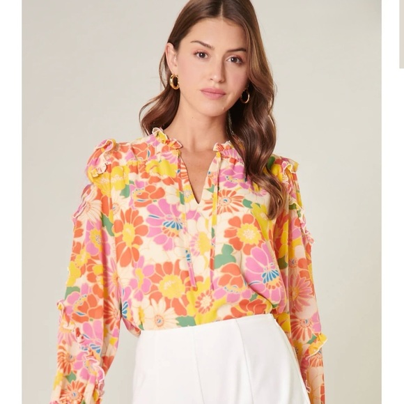 Women’s SUGARLIPS Zippy Tropical Raj Ruffle Balloon Sleeve Blouse- Size Medium - Picture 3 of 12